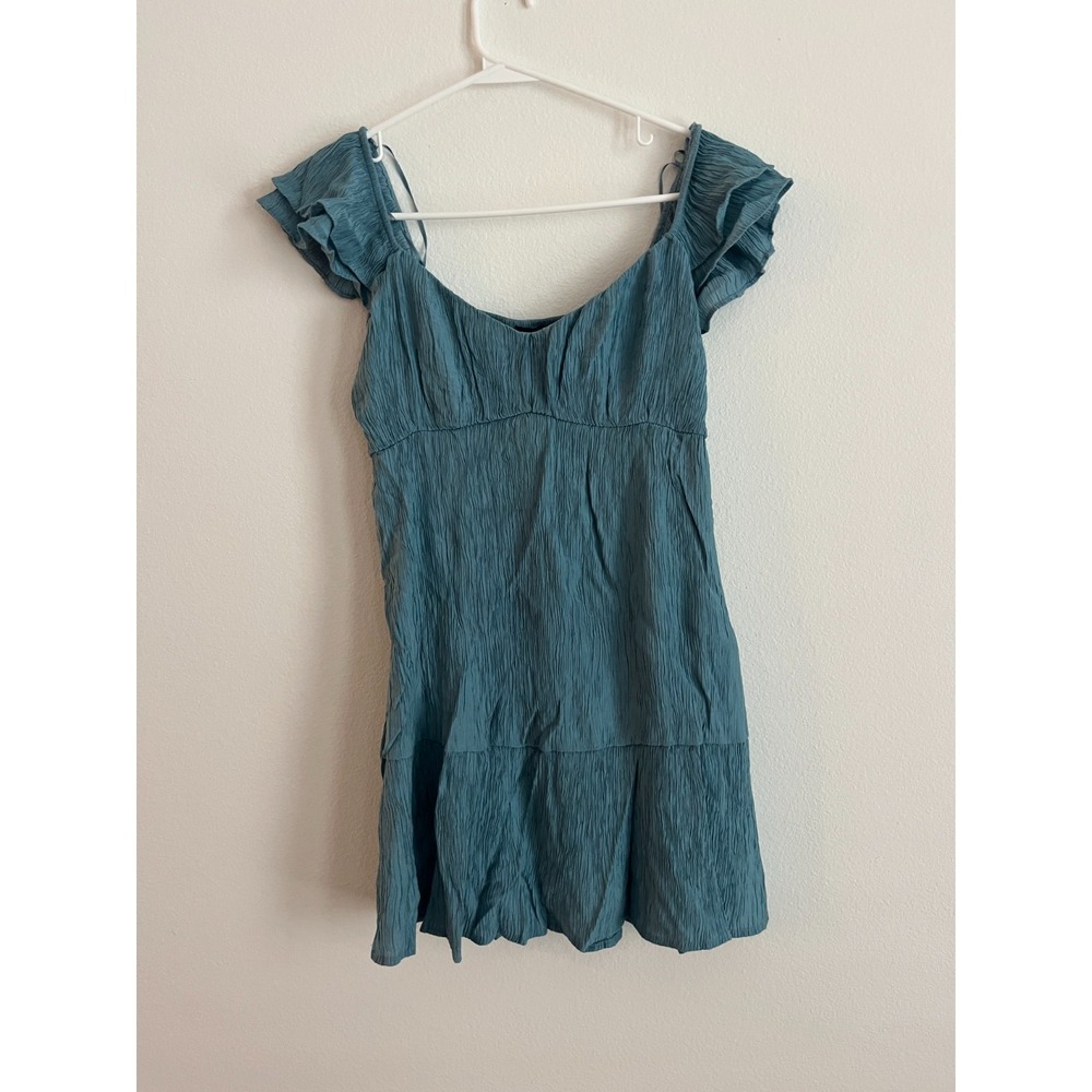 Blu Pepper Mini Dress Womens Medium Teal Flutter Sleeves Ruched Chest Tiered Hem